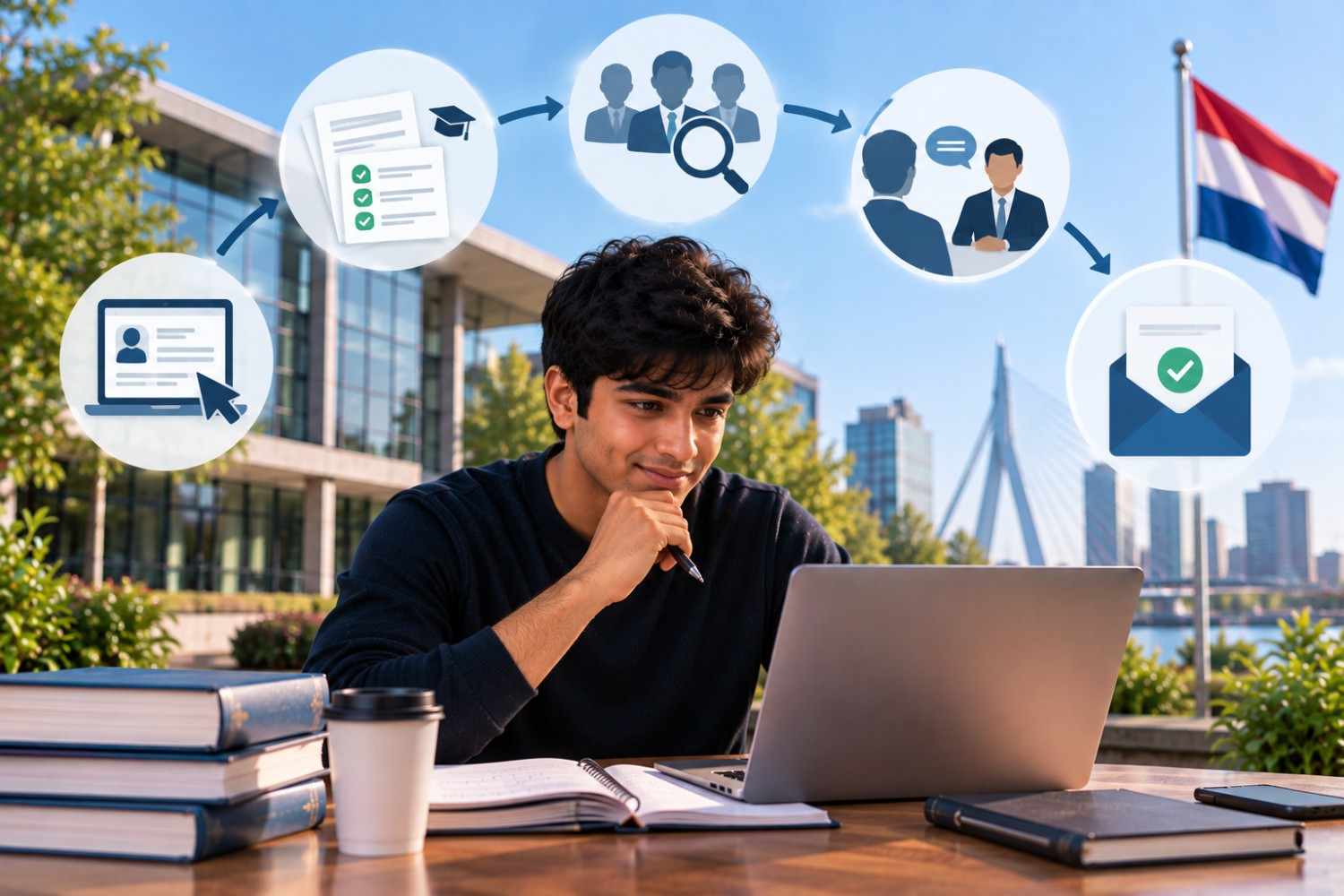 Student completing a master&rsquo;s application on a laptop, with visual stages for submitting documents, application review, interview, and acceptance against a Dutch university campus and city skyline.